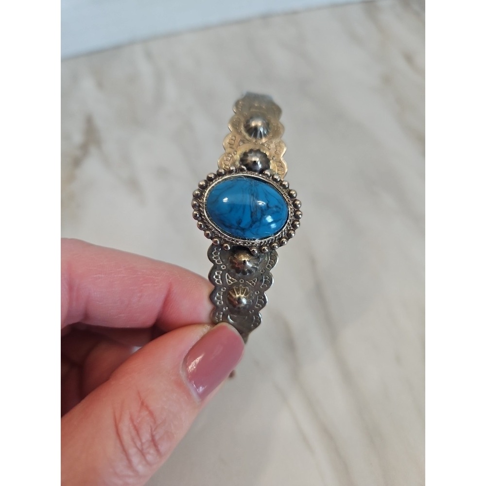 Vintage Faux Turquoise Native American Styled Cuff Bracelet Silver Plated 2.5 in